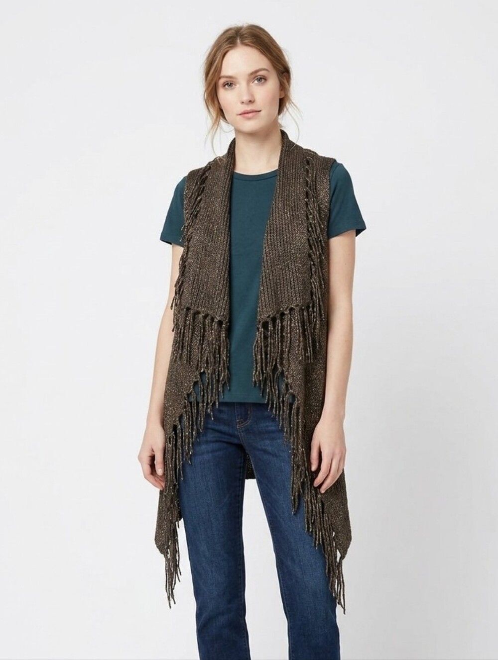 Curio Vintage Knit Fringe Waterfall Vest Shrug Open Front Boho Festival Small S